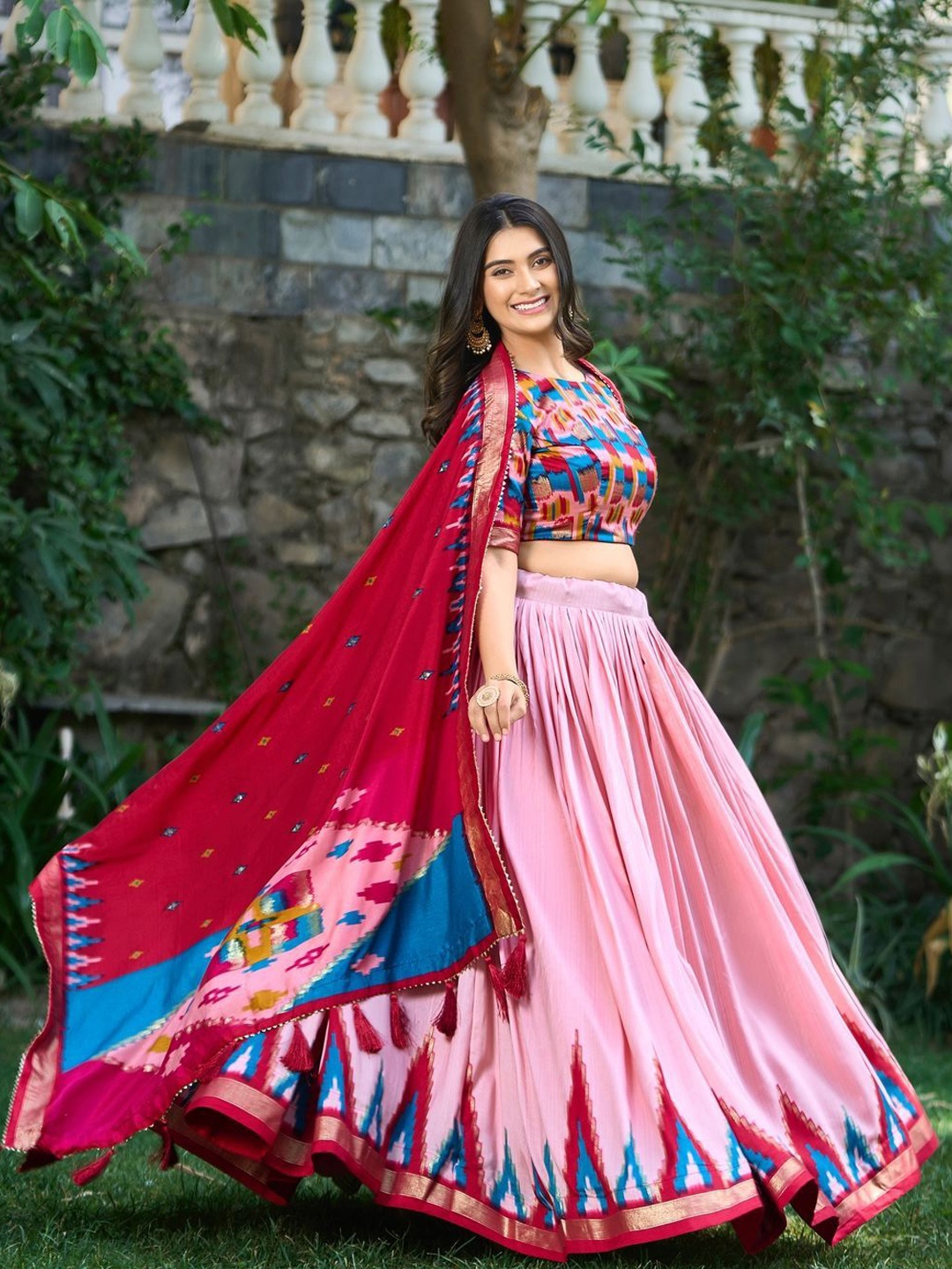 

RADHVI BIZ Printed Kalamkari Silk Lehenga And Semi-Stitched Blouse With Dupatta, Pink