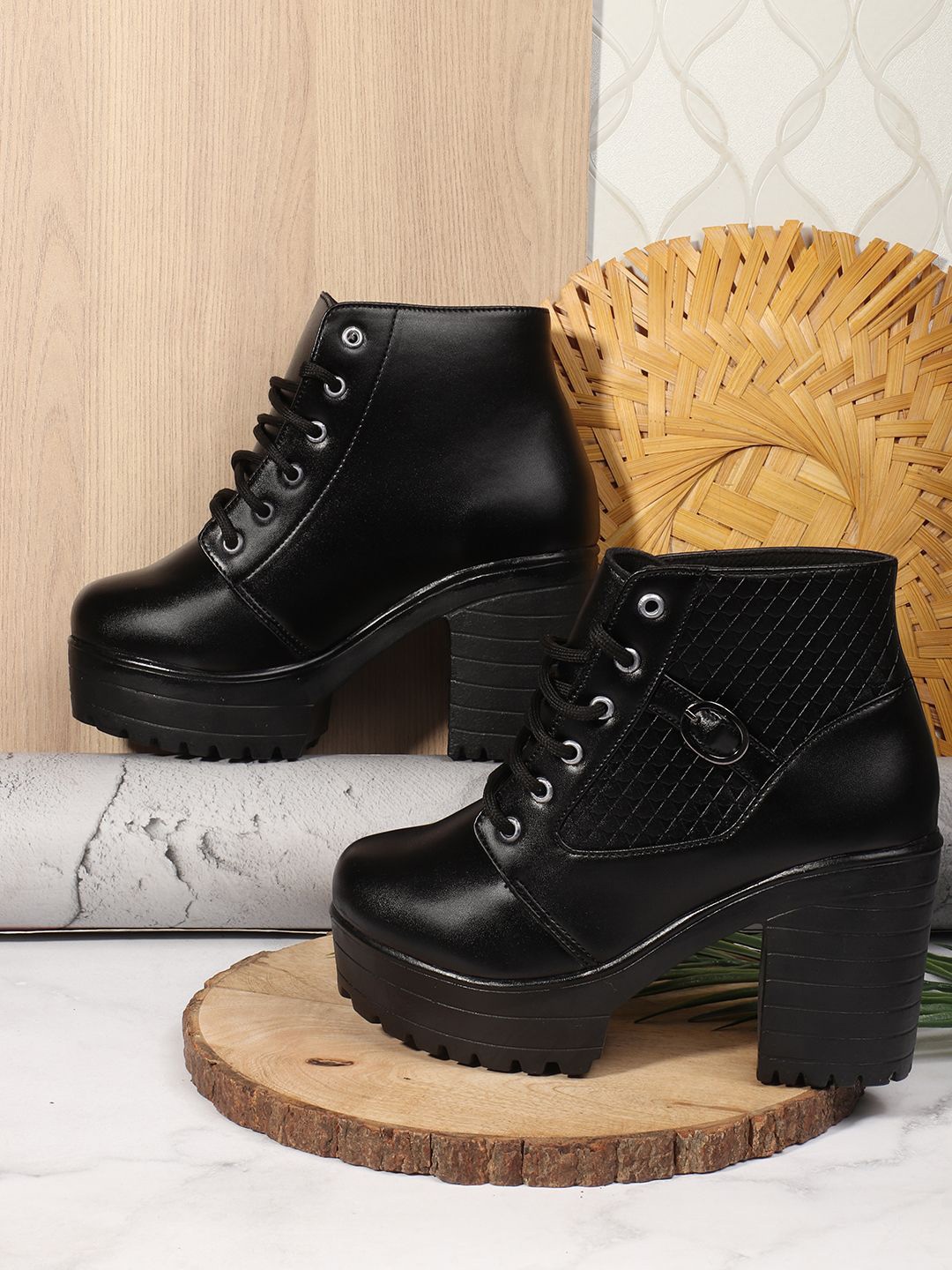 

STRASSE PARIS Women Round Toe Buckle Lace Up Block Heeled Boots, Black