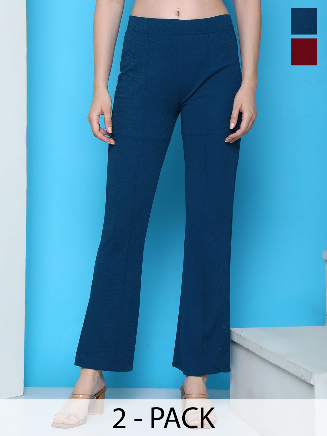 

Tromko Women Pack Of 2 Relaxed Regular Fit High-Rise Bootcut Trousers, Blue