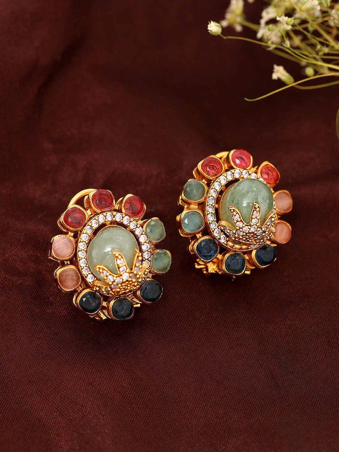 

Exotic India Gold-Plated Circular Shaped Artificial Stones Studs, Green