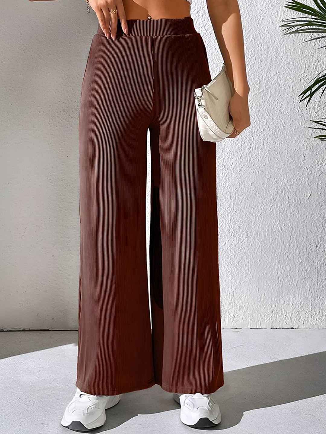 

Tromko Women Striped Comfort Straight Fit Trousers, Brown
