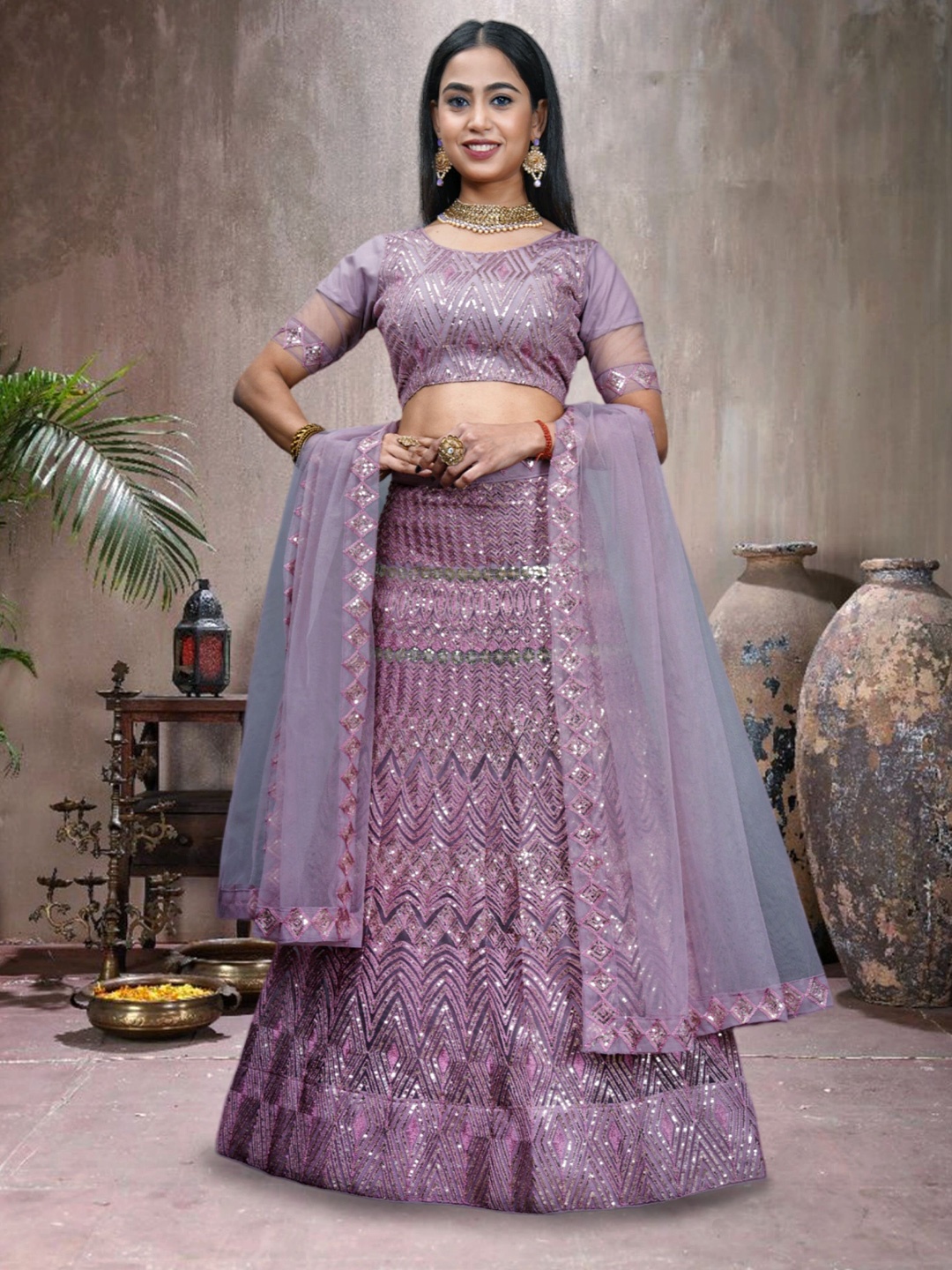 

VARNI FABRICS Embroidered Semi-Stitched Lehenga & Unstitched Blouse With Dupatta, Lavender