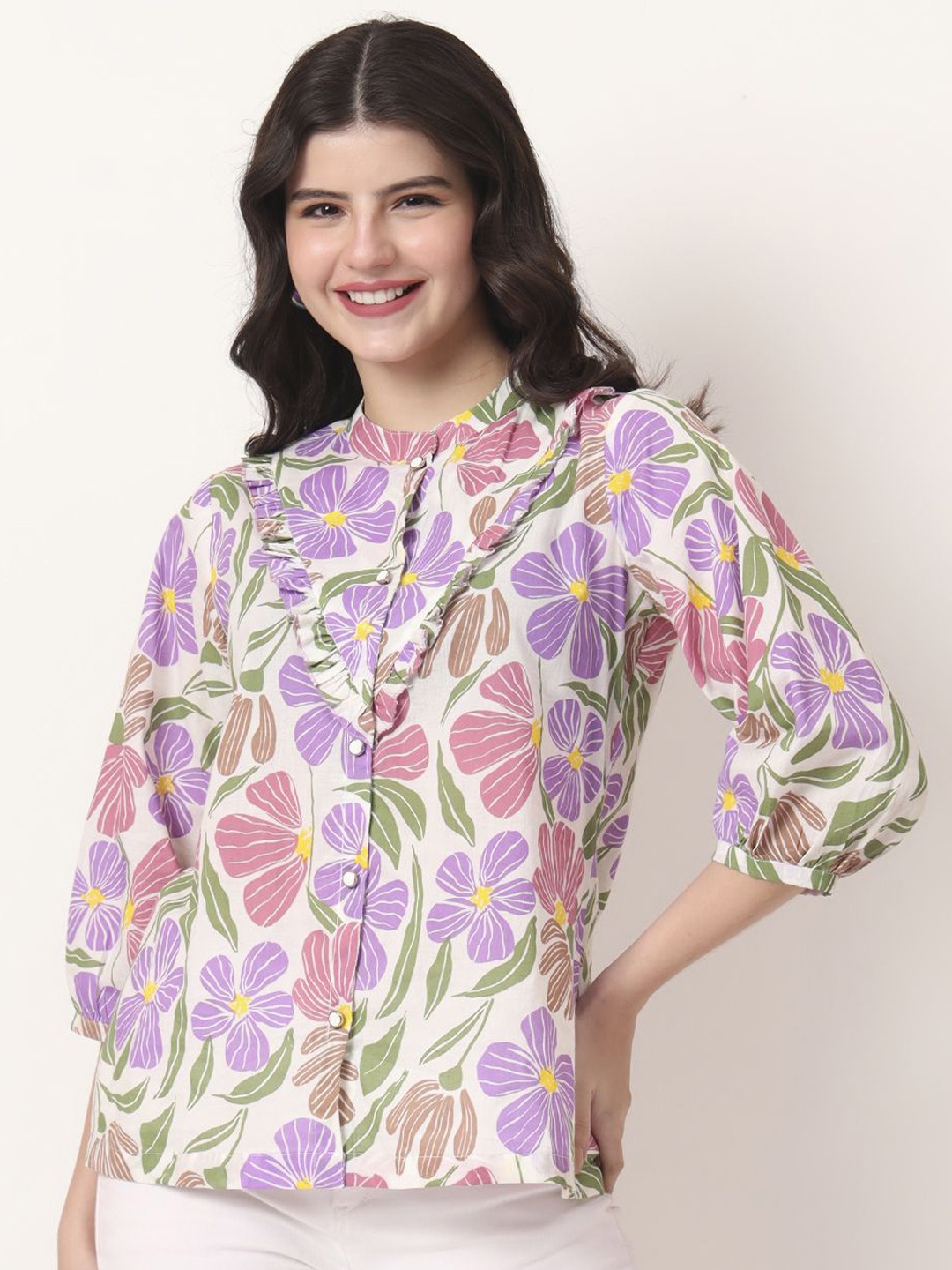 

Yufta Women Floral Print Mandarin Collar cuffed Sleeve Top, Multi