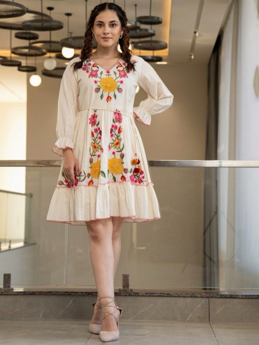 

AUTUMN LANE Embroidered Pure Cotton Flared Knee Length Dress, Off white