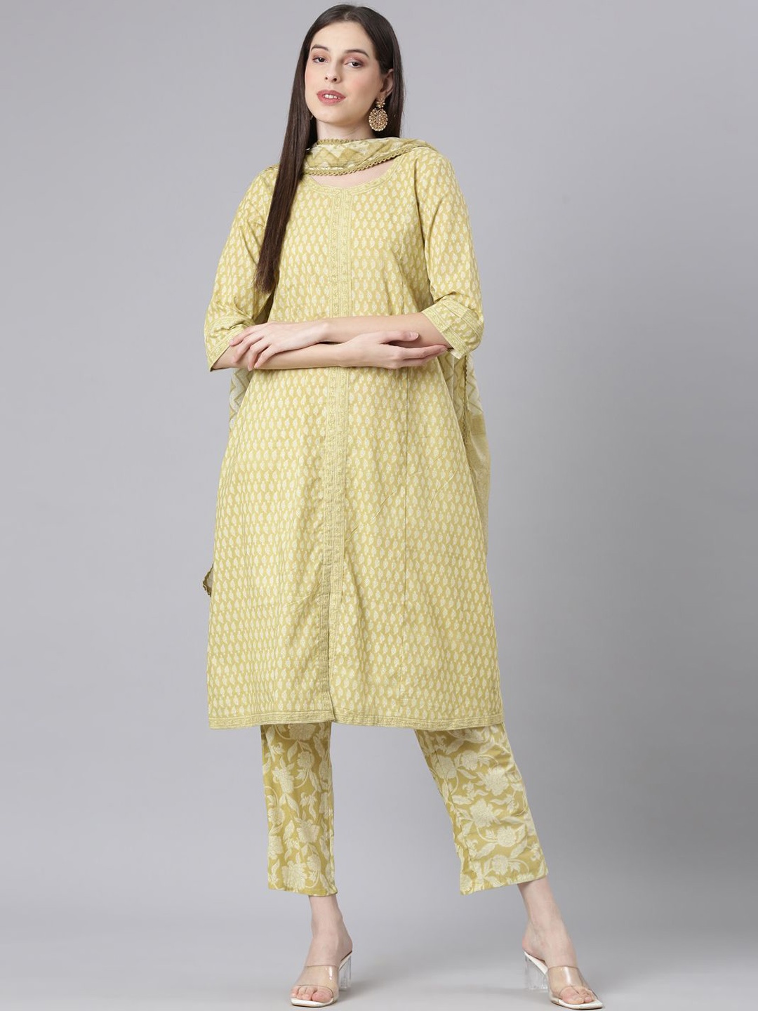 

Neerus Paisley Printed Round Neck A-Line Kurta with Trousers & Dupatta, Green