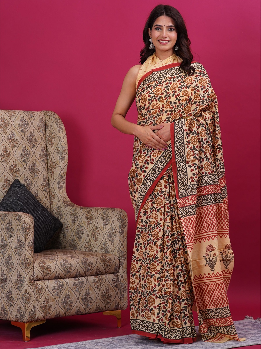 

Shivanya Handicrafts Floral Pure Cotton Block Print Kalamakari Saree, Cream