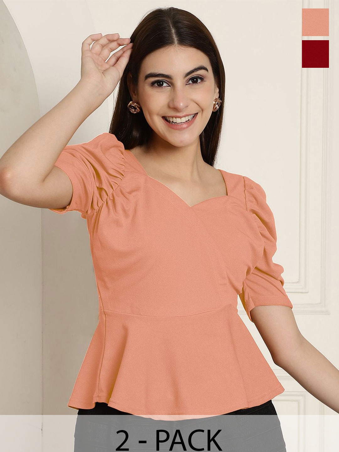 

Tromko Pack of 2 Casual Puff Sleeves Solid Women Multicolor Top, Multi