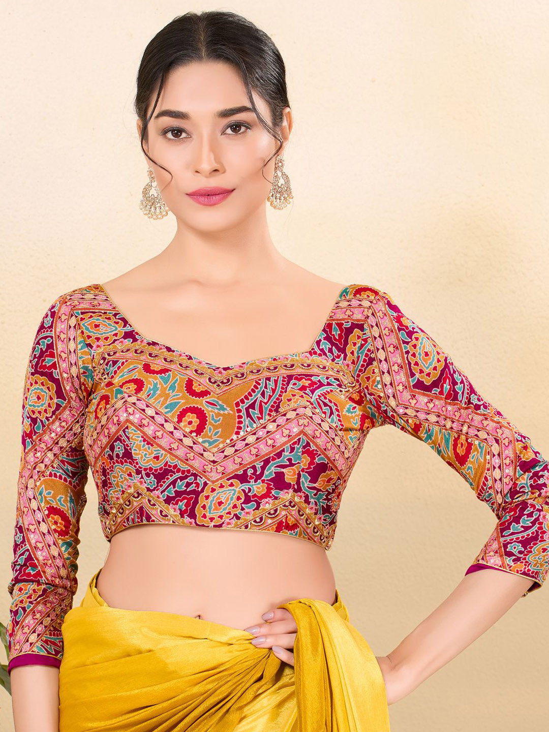 

VAMAS - THE DESIGNER Women Woven Zari Brocade Sweet Heart Neck Padded Saree Blouse, Purple