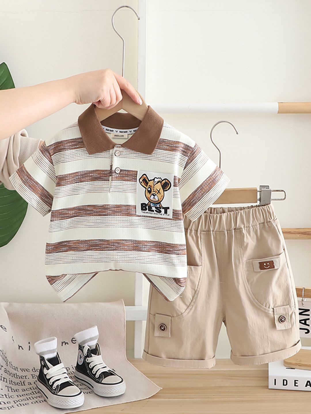 

INCLUD Boys Striped Polo T-shirt With Shorts, Brown