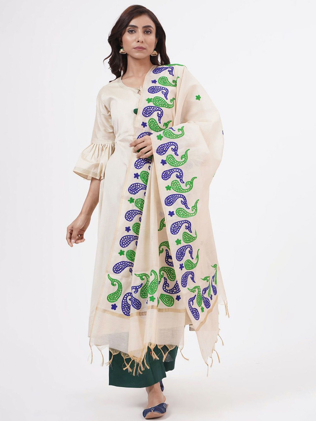 

KHUSHBOO AND PANKAJ Ethnic Motifs Embroidered Dupatta with Thread Work, Beige