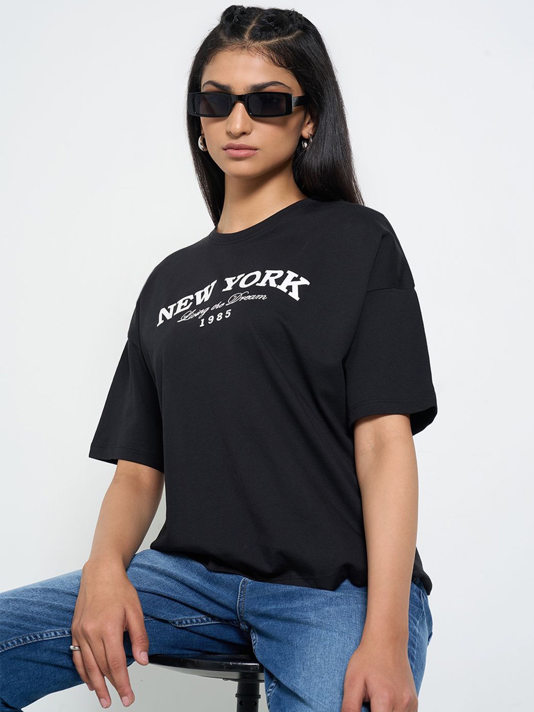 

SF JEANS by Pantaloons Print Cotton Boxy Top, Black