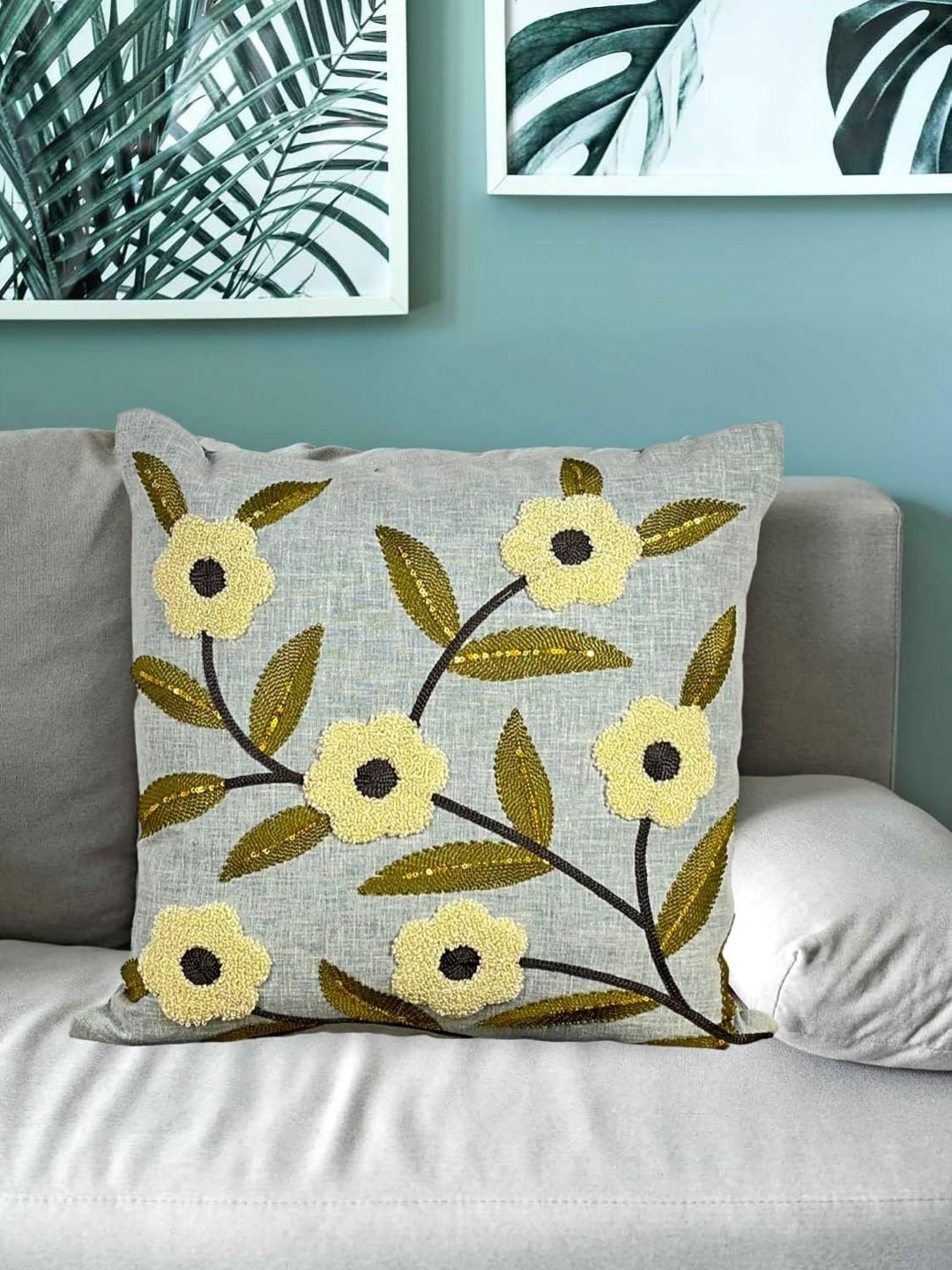 

MONKDECOR Grey Floral Linen Square Cushion Covers