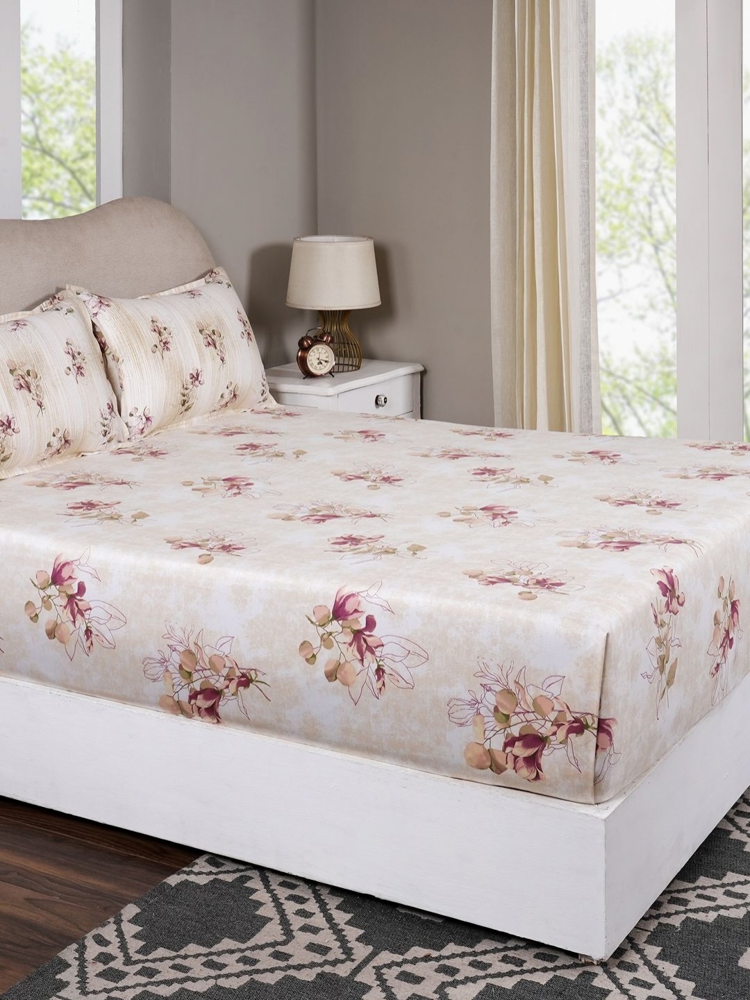 

MASPAR Peach-Coloured Printed Pure Cotton 300 TC King Bed Bedsheet Set 2.75 m x 2.75 m