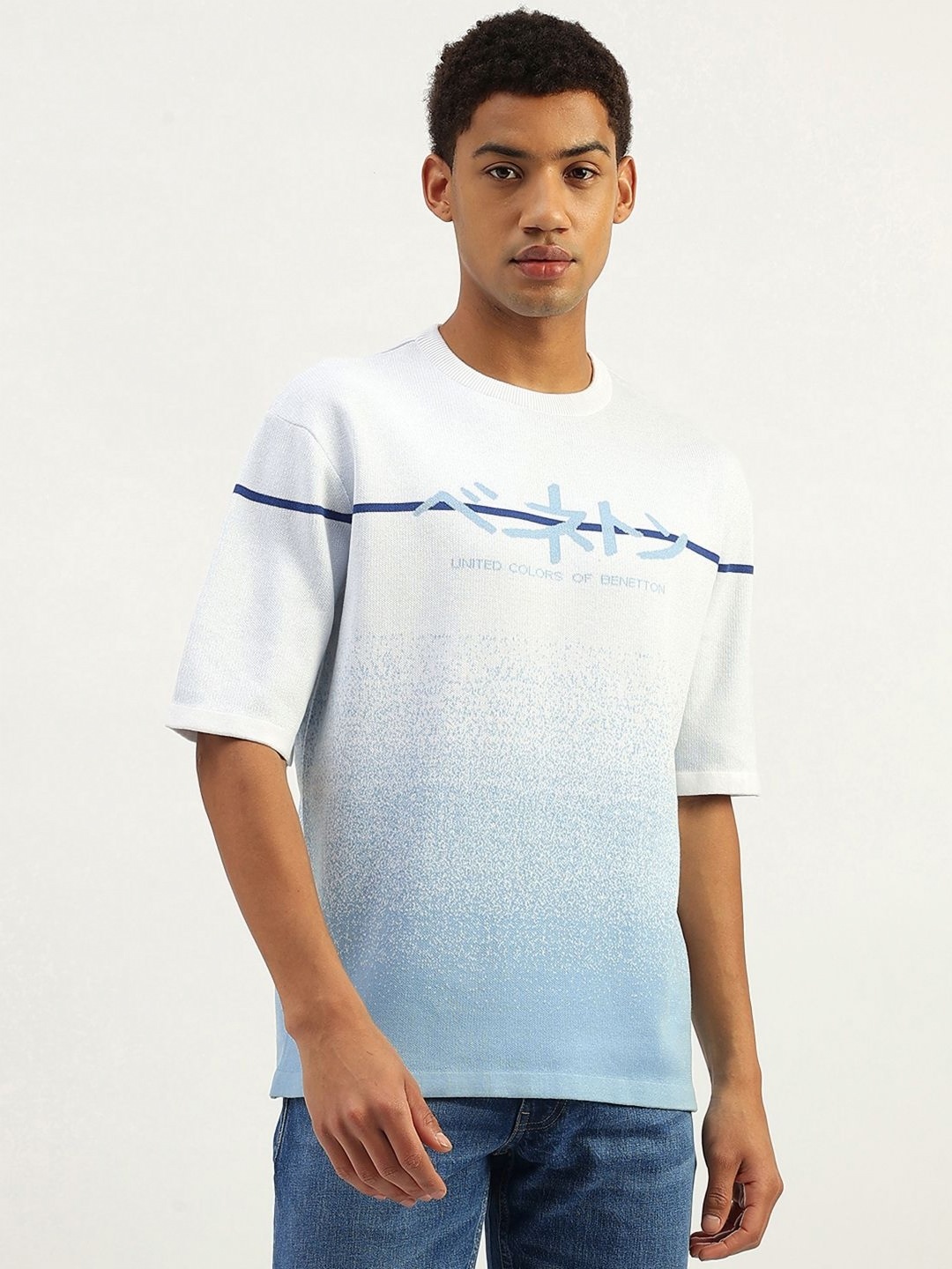 

United Colors of Benetton Men Printed Pure Cotton Pockets Boxy T-shirt, Blue