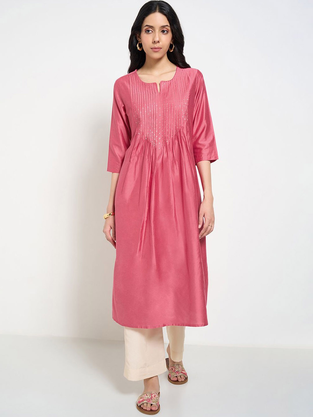 

RANGMANCH BY PANTALOONS Pleated Sequinned Work Notch Neck A-Line Kurta, Pink