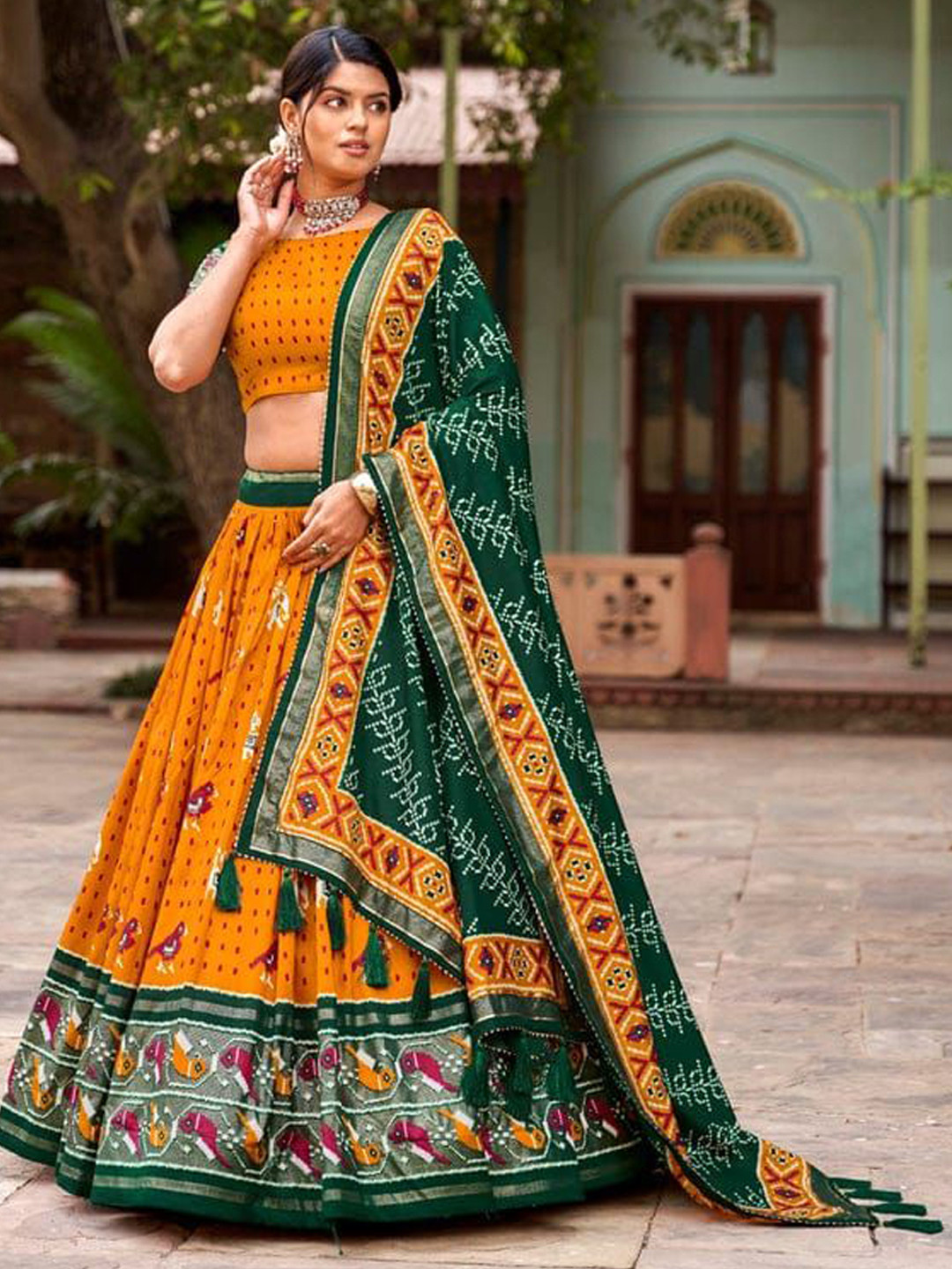 

RADHVI BIZ Printed Kalamkari Ready to Wear Lehenga & Semi-Stitched Blouse With Dupatta, Yellow