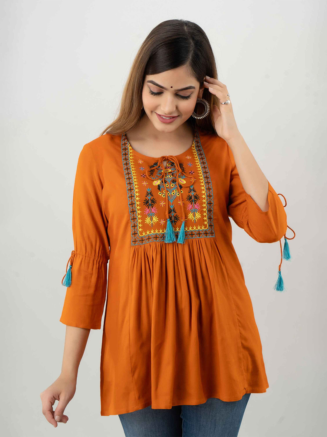 

DMP FASHION Embroidered Yoke Handloom Top, Gold
