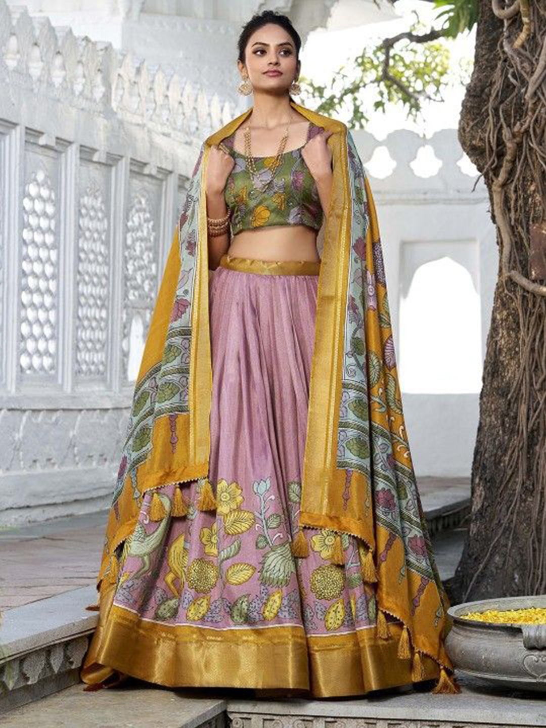 

RADHVI BIZ Printed Silk Ready to Wear Lehenga & Semi-Stitched Blouse With Dupatta, Brown