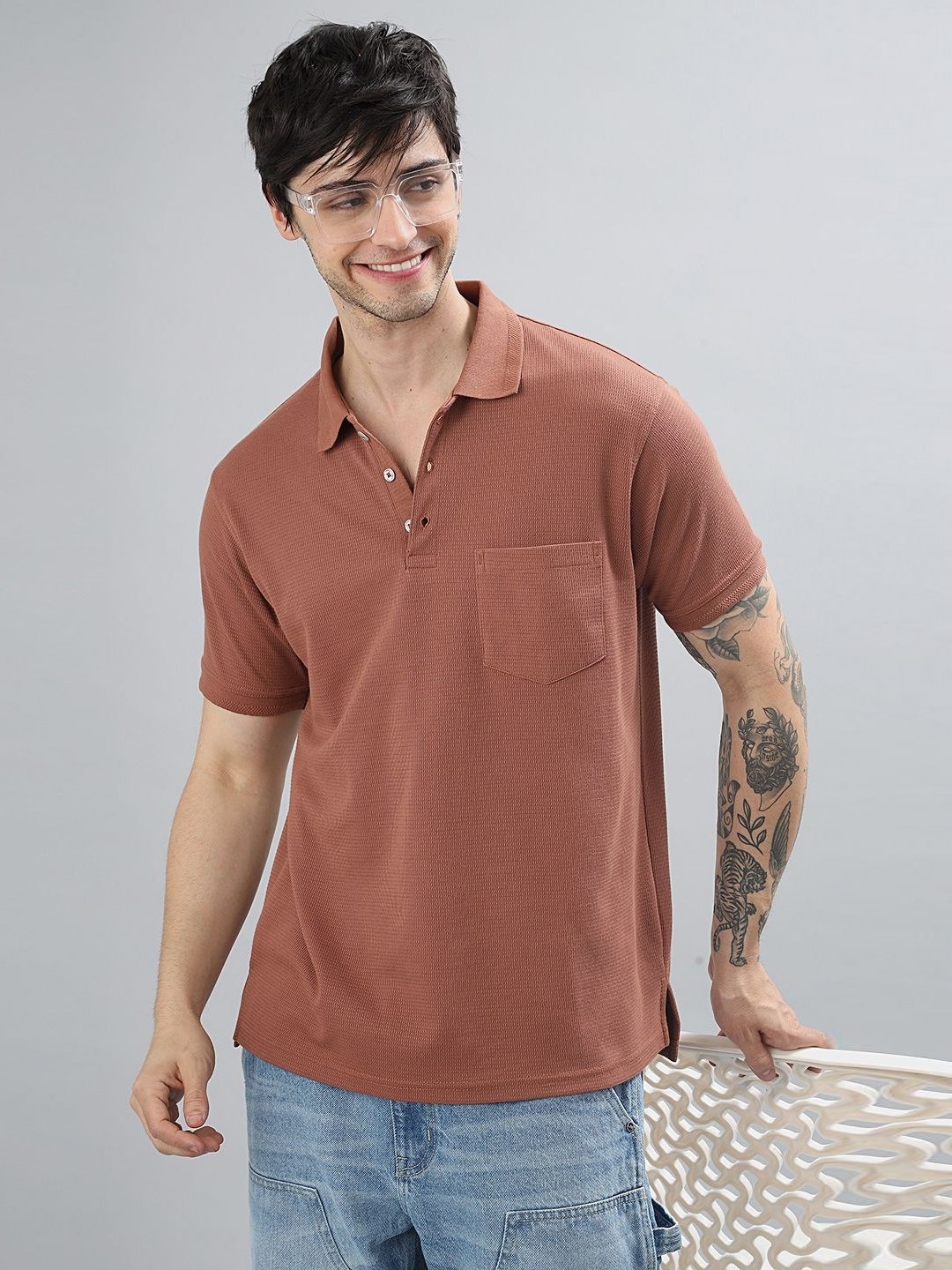

BLUWEEA Men Polo Collar Pockets T-shirt, Brown