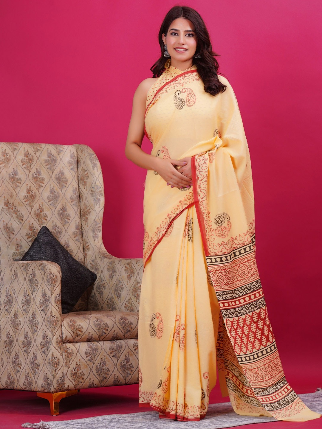

Vanedik Paisley Printed Mulmul Cotton Block Print Saree, Cream