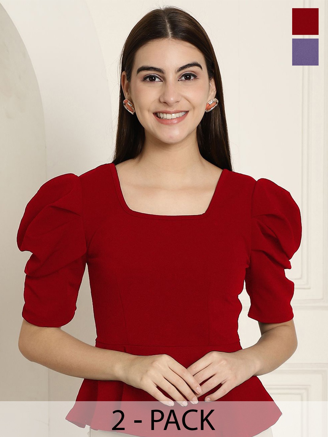 

Tromko Women Solid Print Peplum Puff Sleeves Top, Multi
