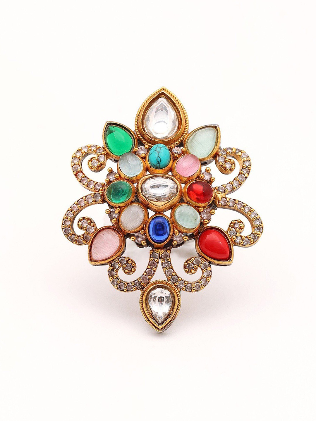 

Exotic India Floral Design Stone Studded Adjustable Ring, Gold