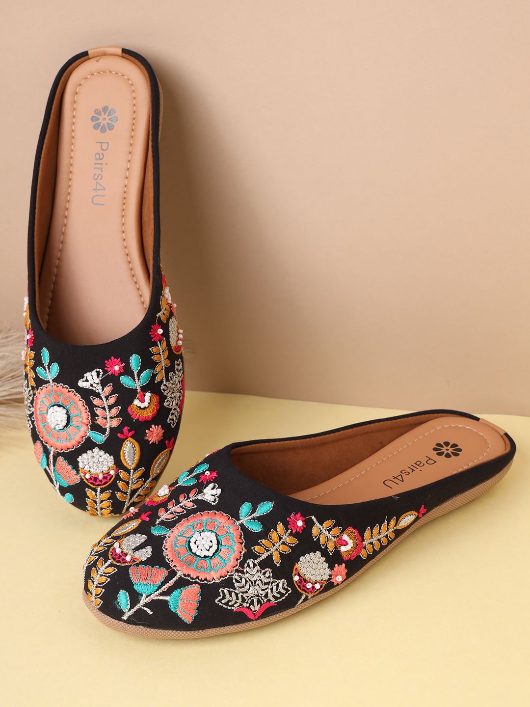 

Pairs4U Women Embellished Round Toe Mojaris With Embroidered Flats, Black