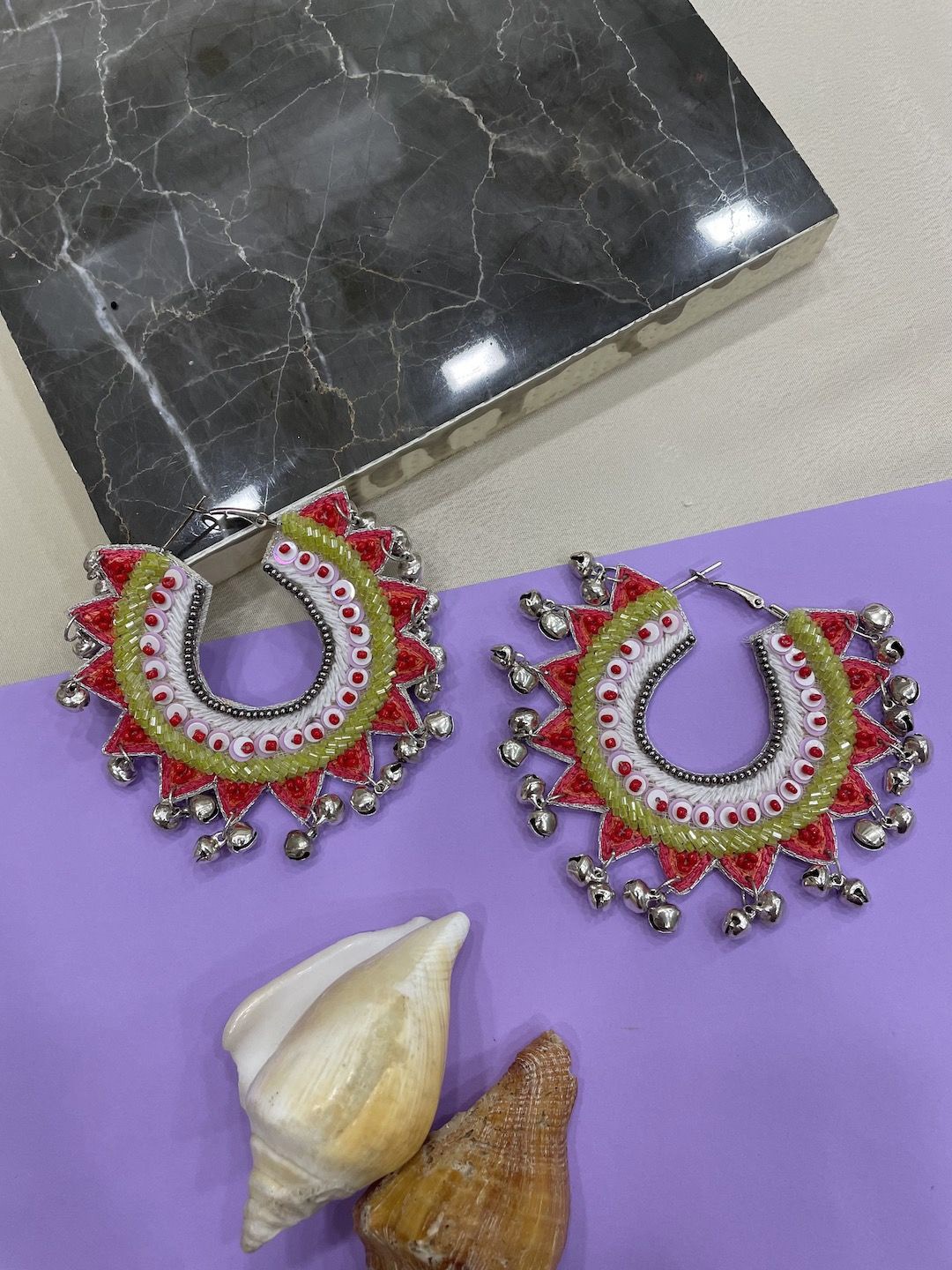 

Digital Dress Room Beaded Contemporary Ghungroo Hoops Earrings, Red