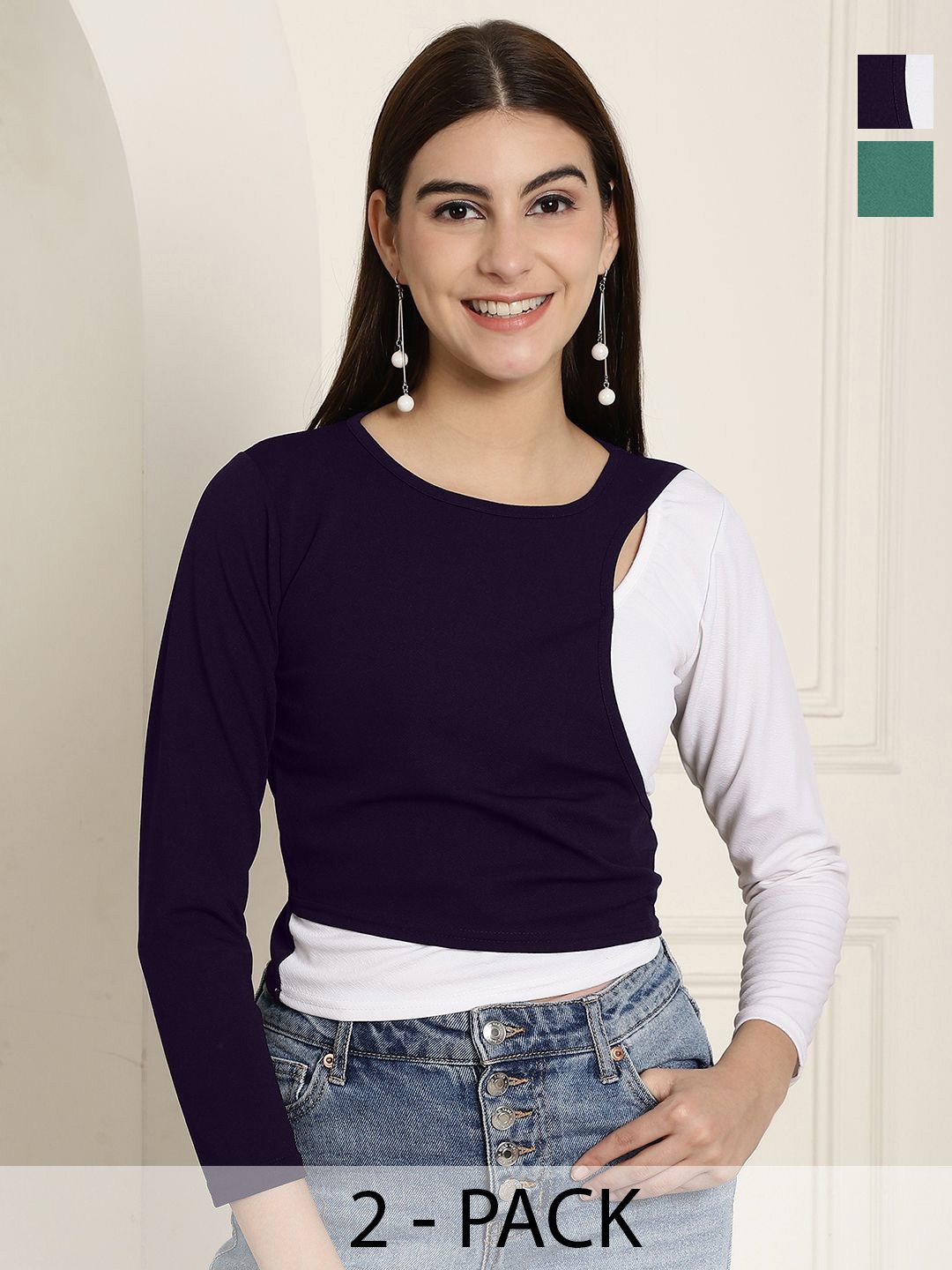 

Tromko Women Pack Of 2 Colourblocked Cut Out & Puff Sleeves Peplum Top, Purple