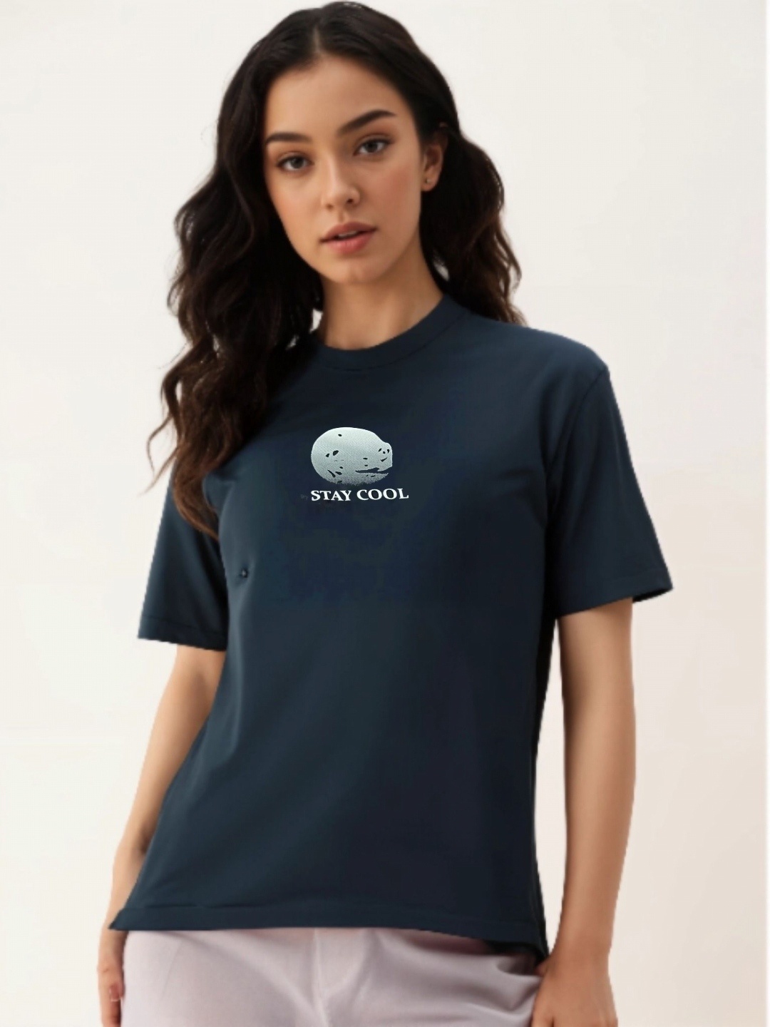 

MACK JONNEY Women Printed Raw Edge T-shirt, Navy blue