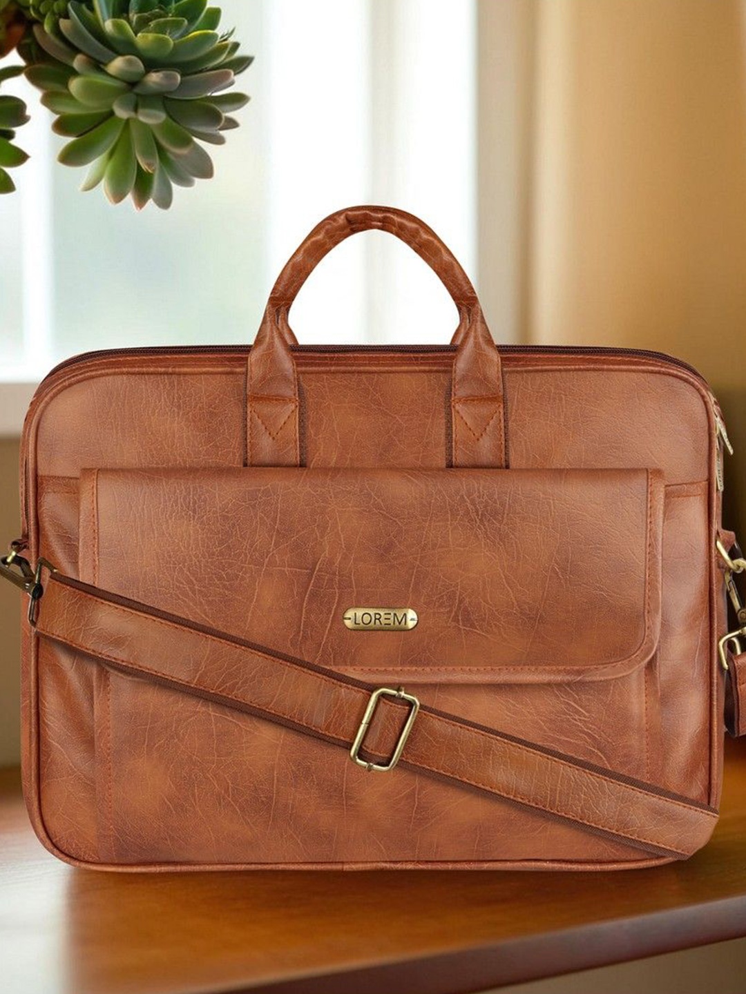 

LOREM Men Textured Laptop Bag, Tan