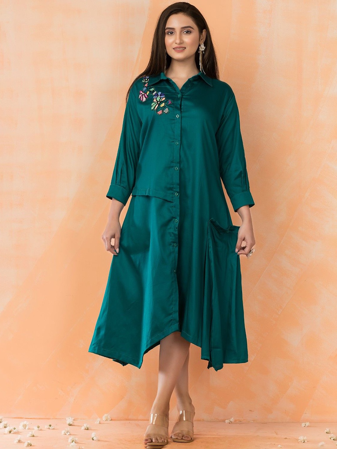 

AUTUMN LANE Embroidered Pure Cotton A-Line Midi Dress, Green