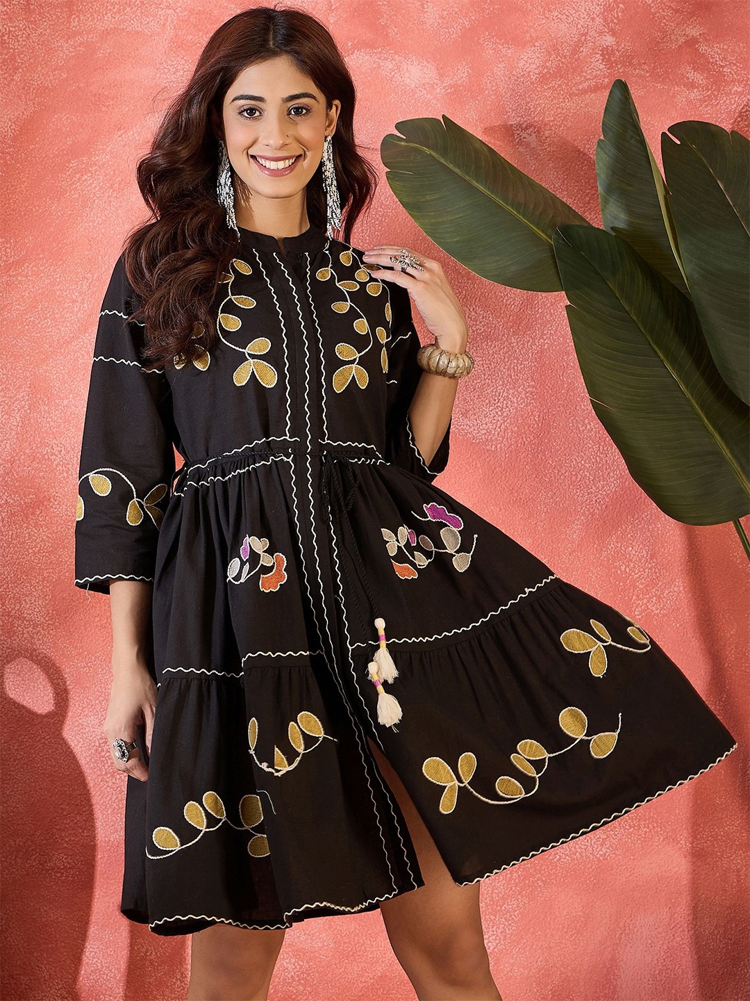

Sangria Embroidered Cotton Mandarin Collar-Neck Dresses, Black