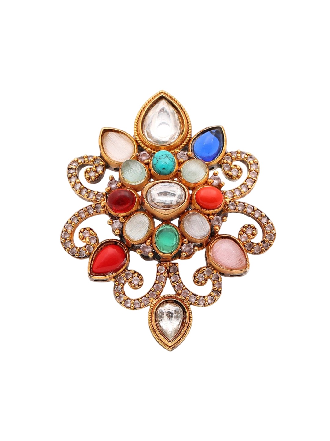 

Exotic India Floral Design Stone Studded Adjustable Ring, Gold