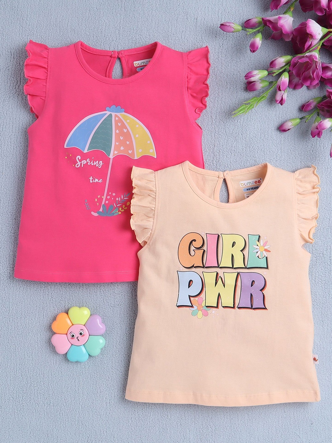 

BUMZEE Girls 2 Printed T-shirt, Peach