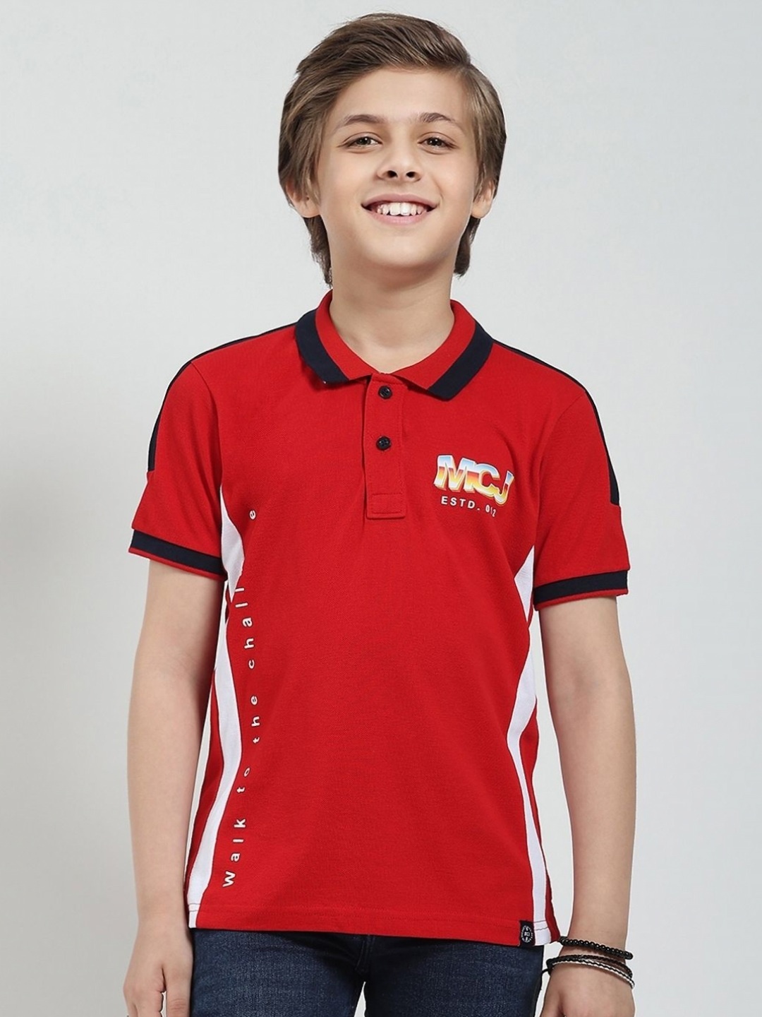 

Monte Carlo Boys Printed Polo Collar Pure Cotton Applique T-shirt, Red