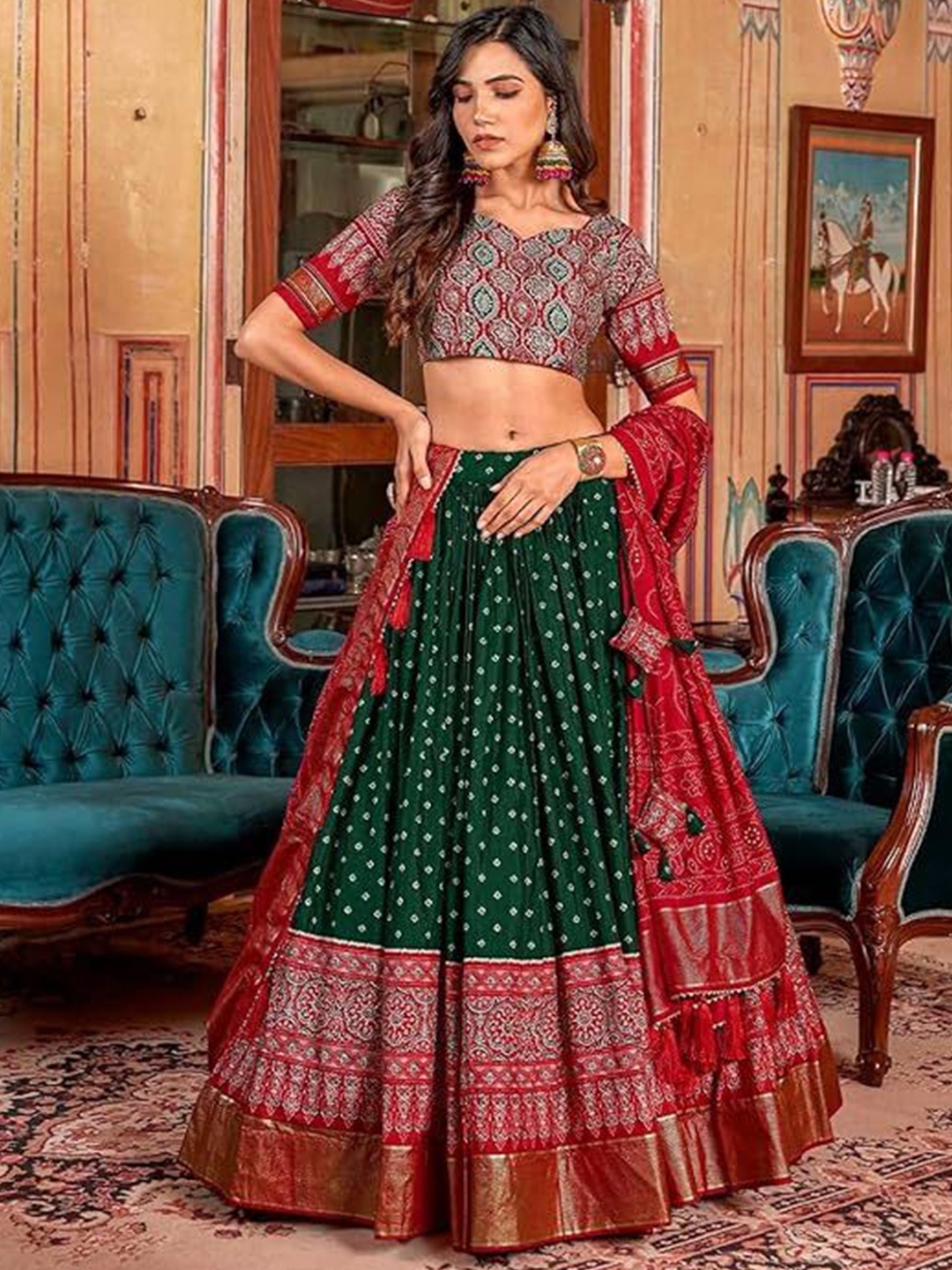 

RADHVI BIZ Ethnic Motifs Printed Lehenga & Semi-Stitched Blouse With Dupatta, Green
