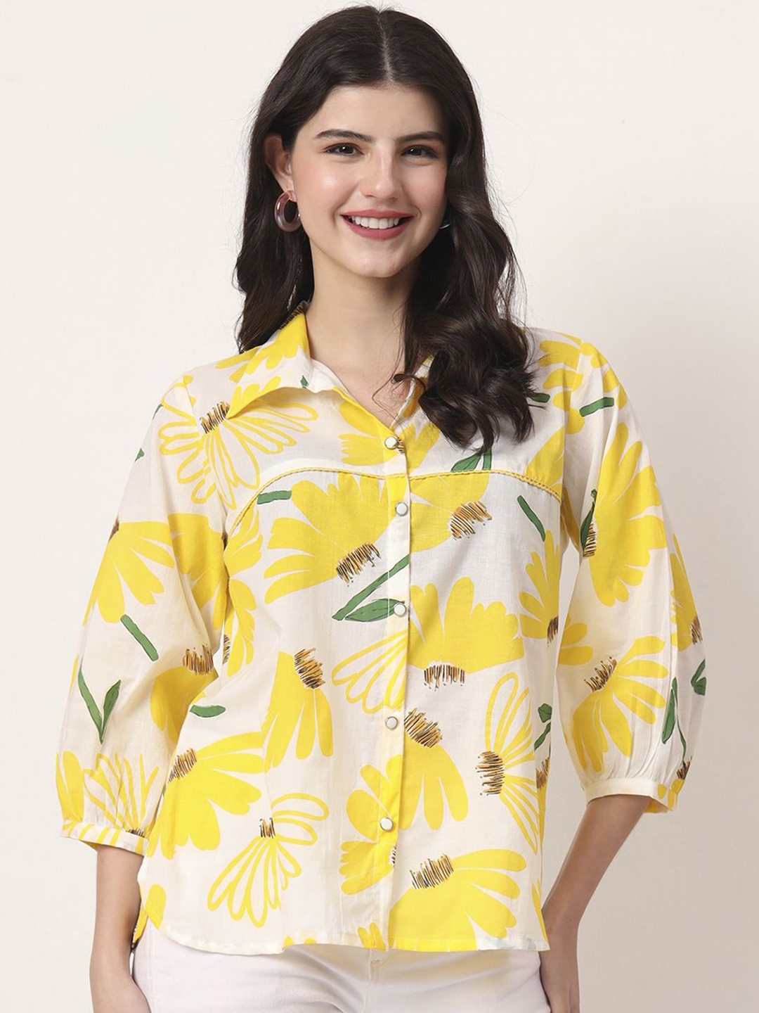 

Yufta Floral Print Puff Sleeve Cotton Top, Yellow