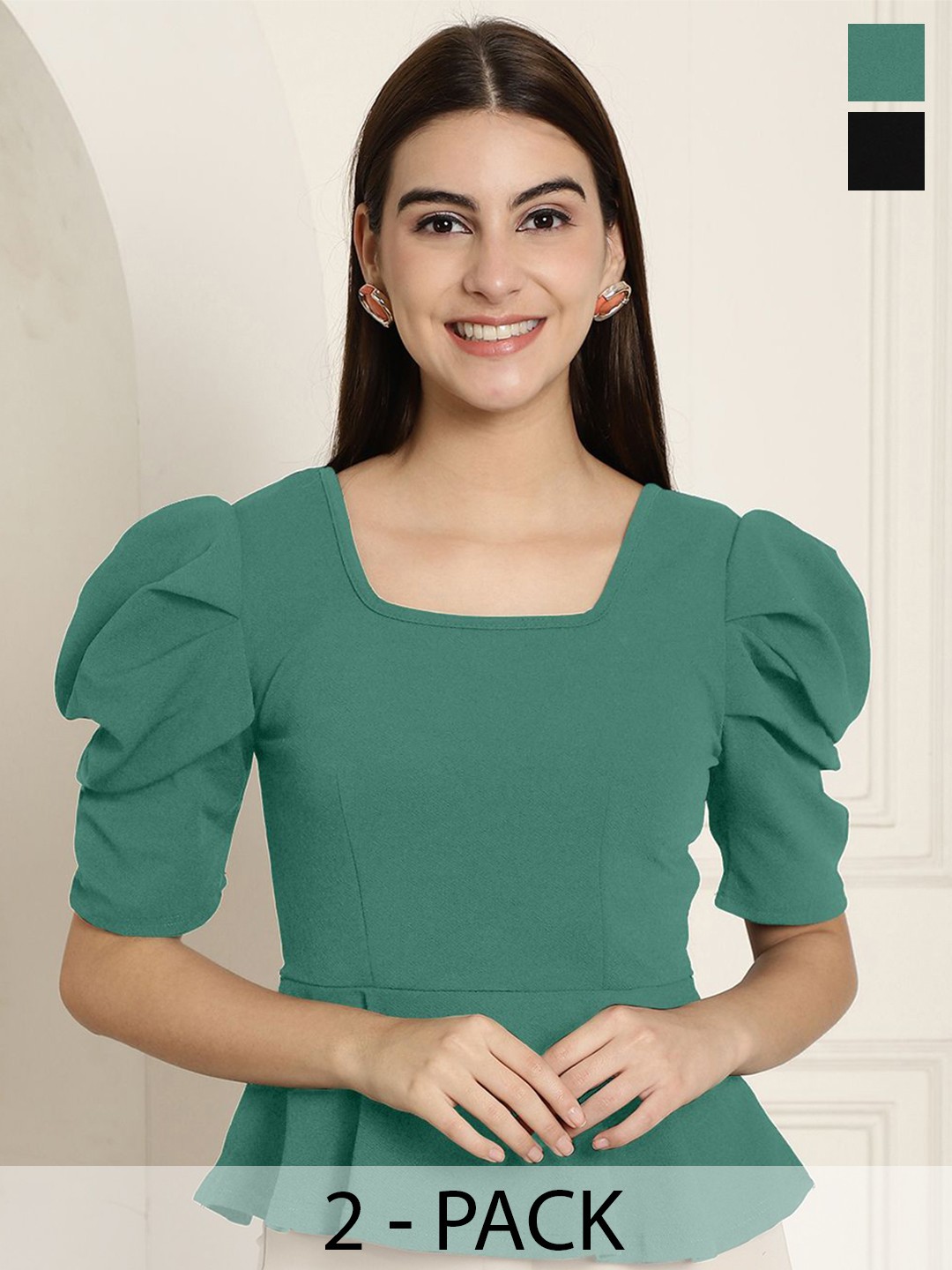 

Tromko Women Puff Sleeves Round Neck Top, Multi