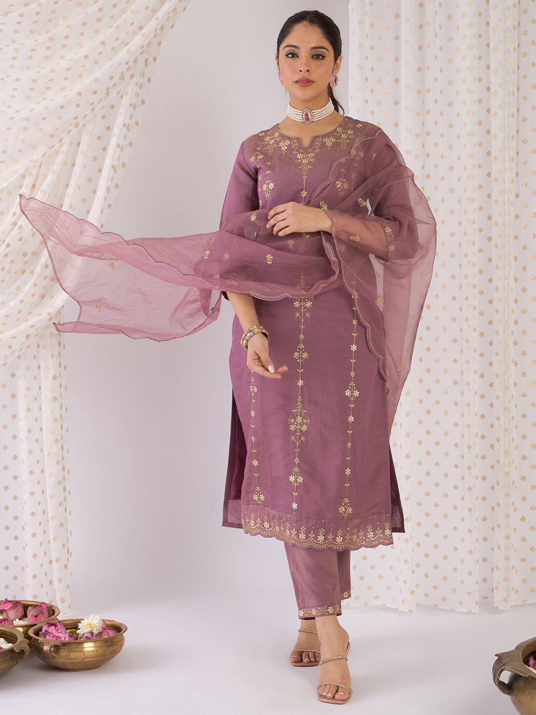 

Indo Era Floral Embroidered Notch Neck Zari Straight Kurta With Trouser And Dupatta, Lavender