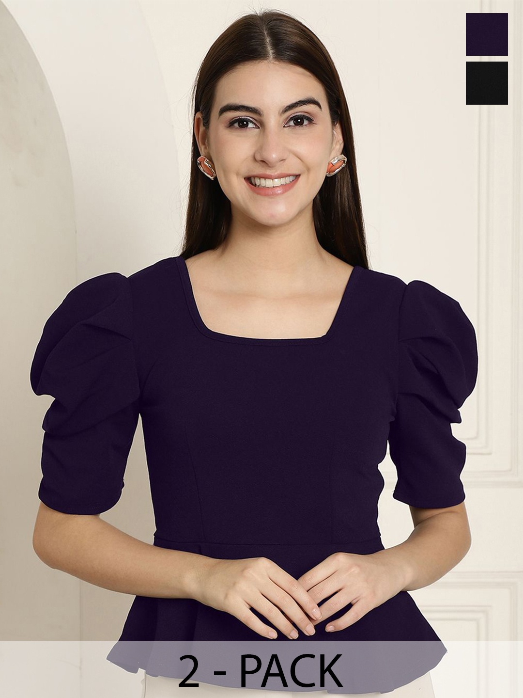 

Tromko Women Pack Of 2 Solid Peplum Puff Sleeve Regular Lenth Top, Black