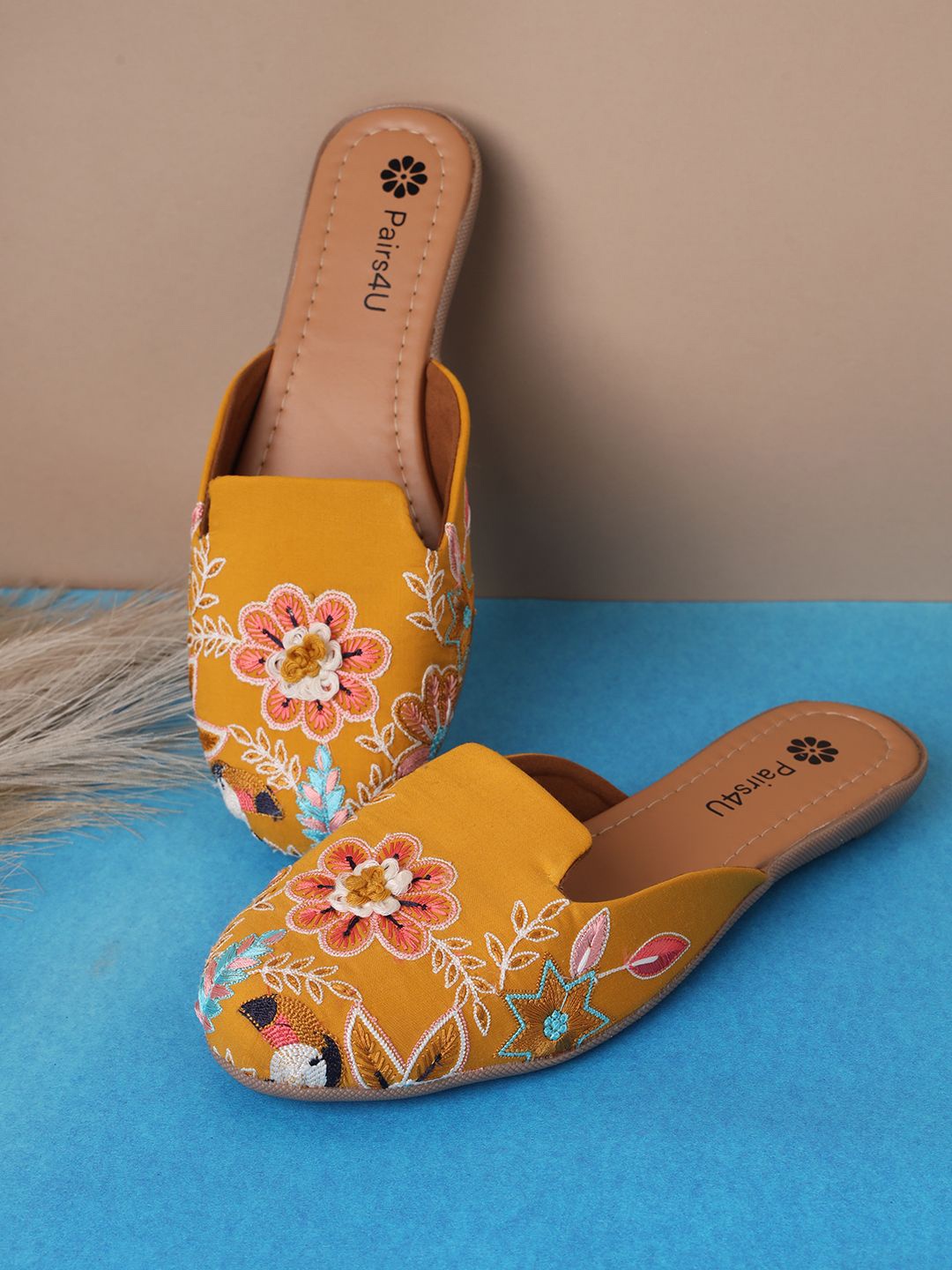 

Pairs4U Women Floral Embroidered Round Toe Slip-On Mojaris, Mustard