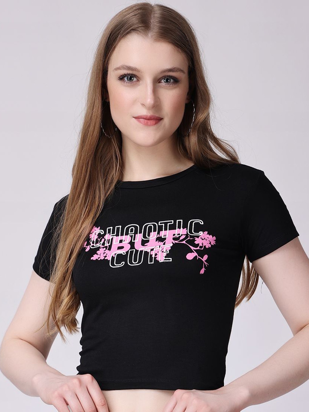

ZARISTAA Typography Printed Round Neck Top, Black