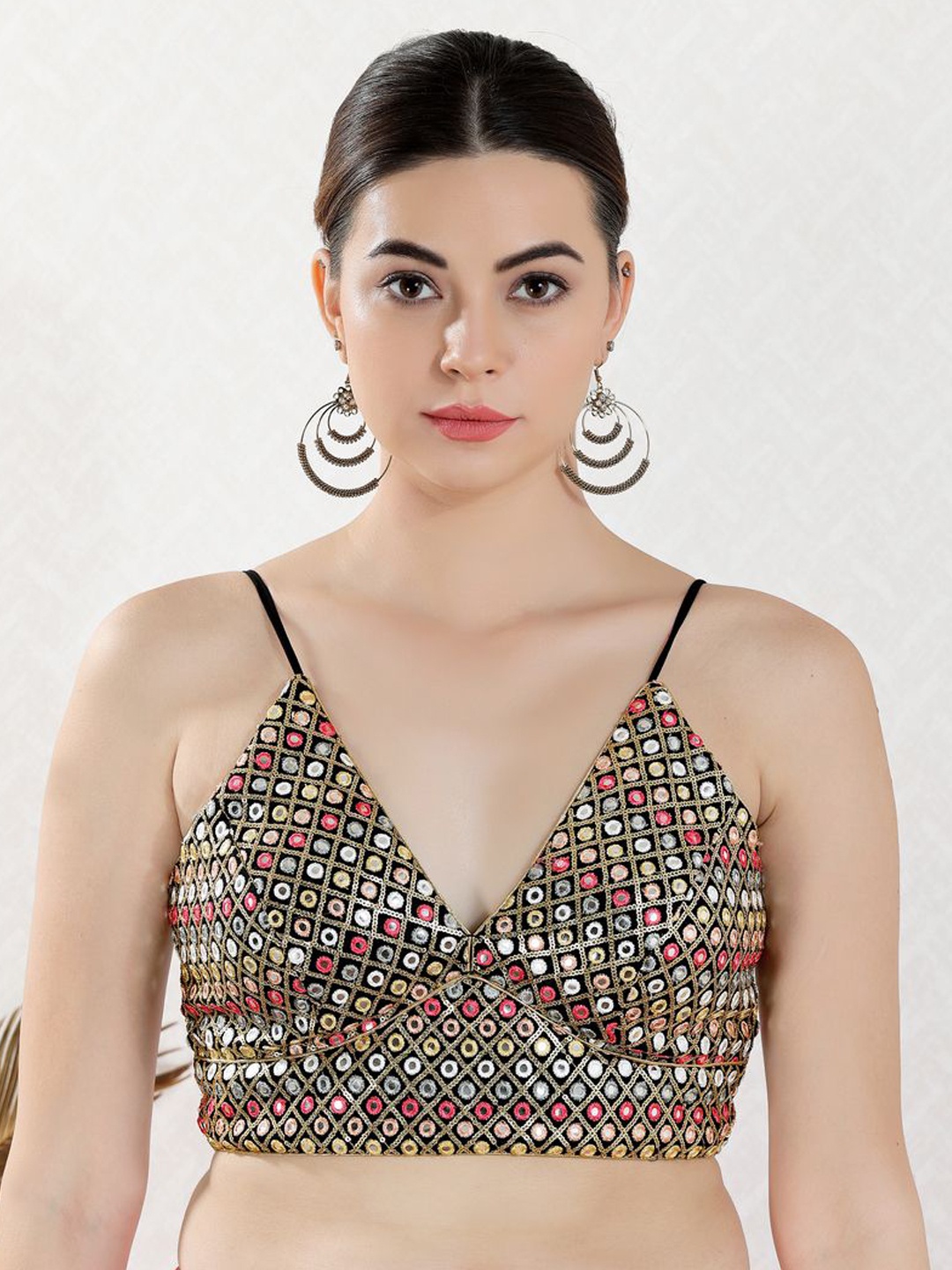 

VAMAS - THE DESIGNER BLOUSES Sequinned Embroidered V-Neck Padded Saree Blouse, Black