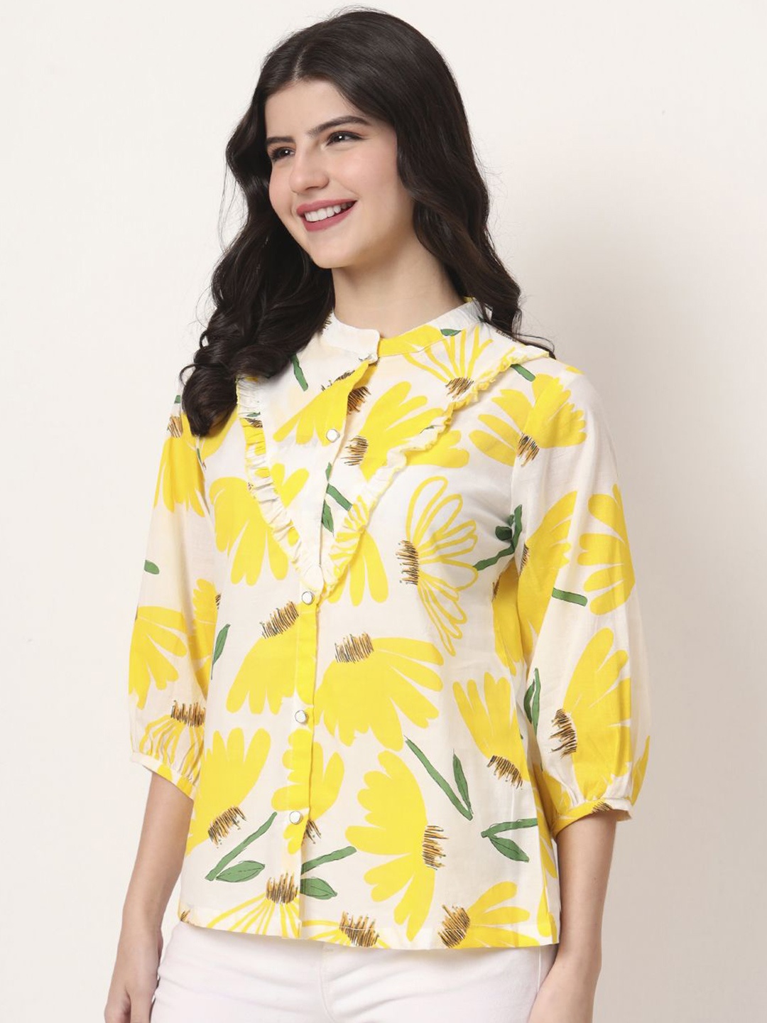 

Yufta Floral Print Mandarin Collar Puff Sleeve Cotton Top, Yellow
