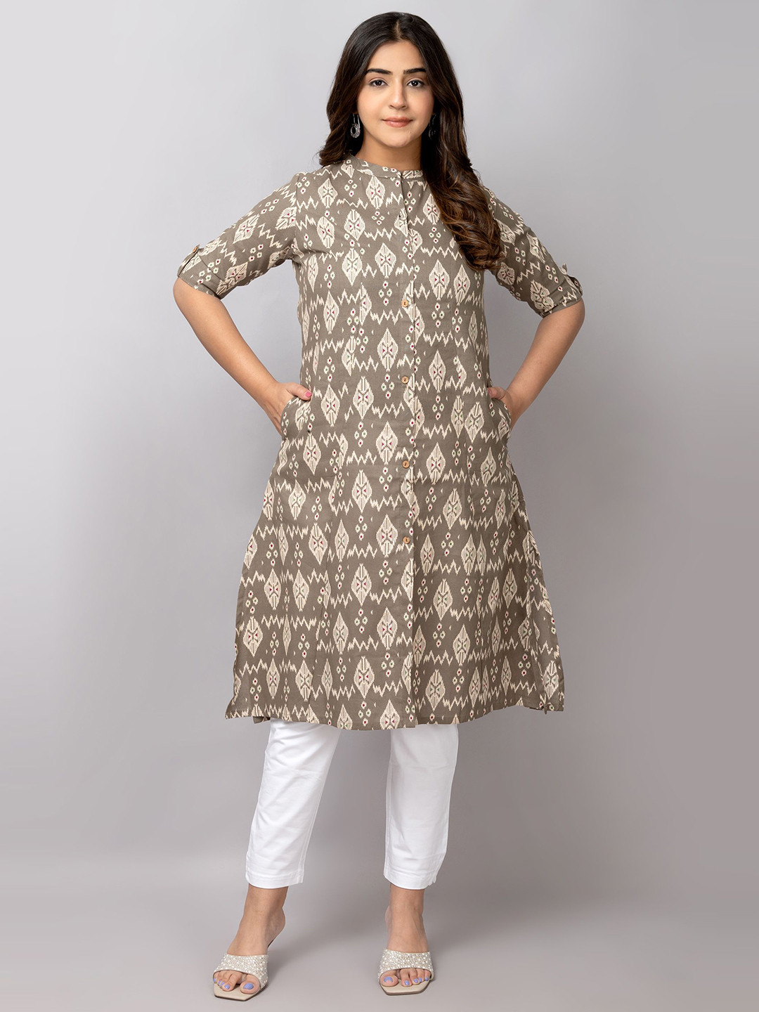 

TRIVEDI Printed Pure Cotton A-Line Kurta, Grey