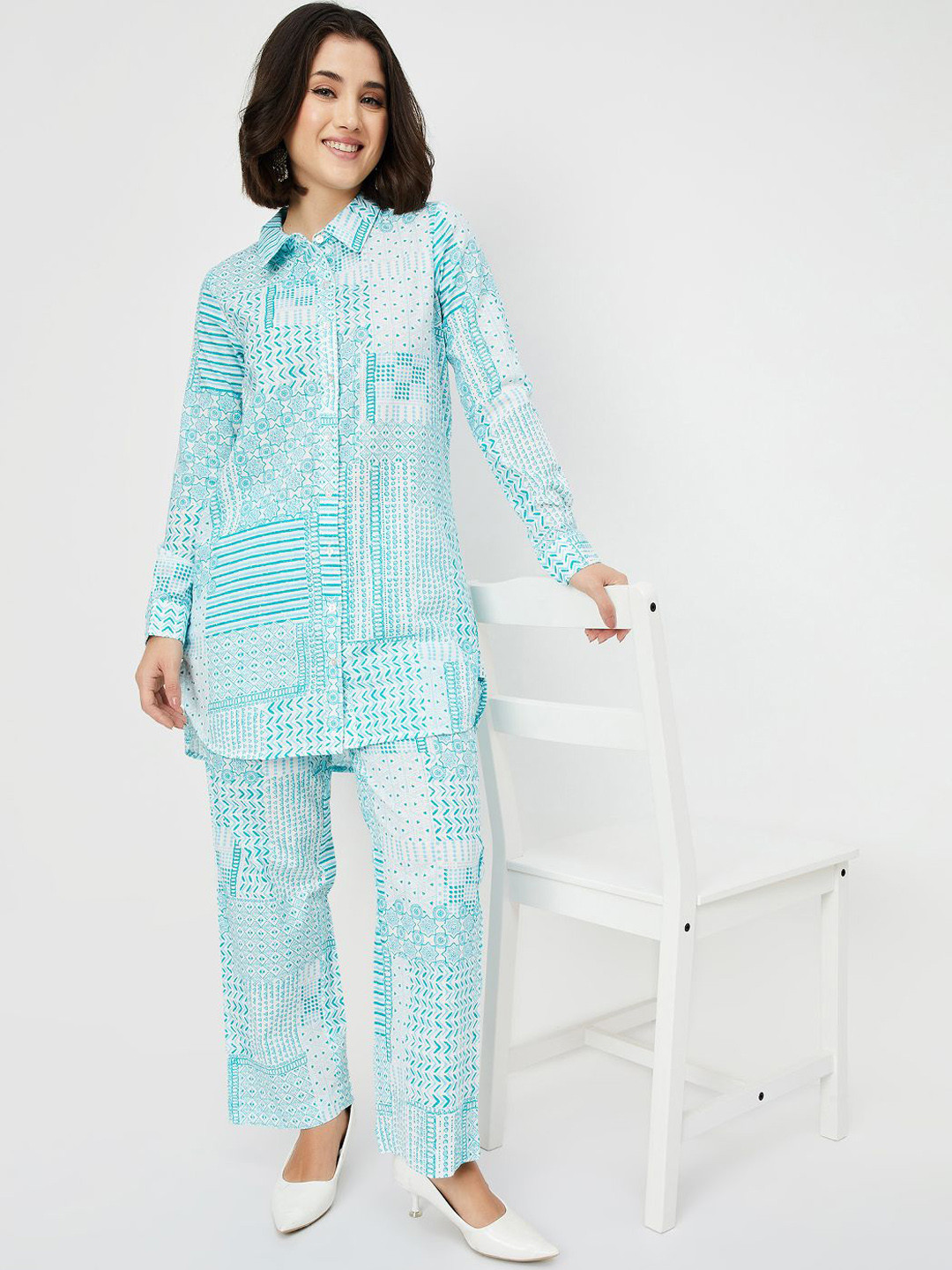

max Geometric Printed Shirt Collar Shirt With Trouser, White