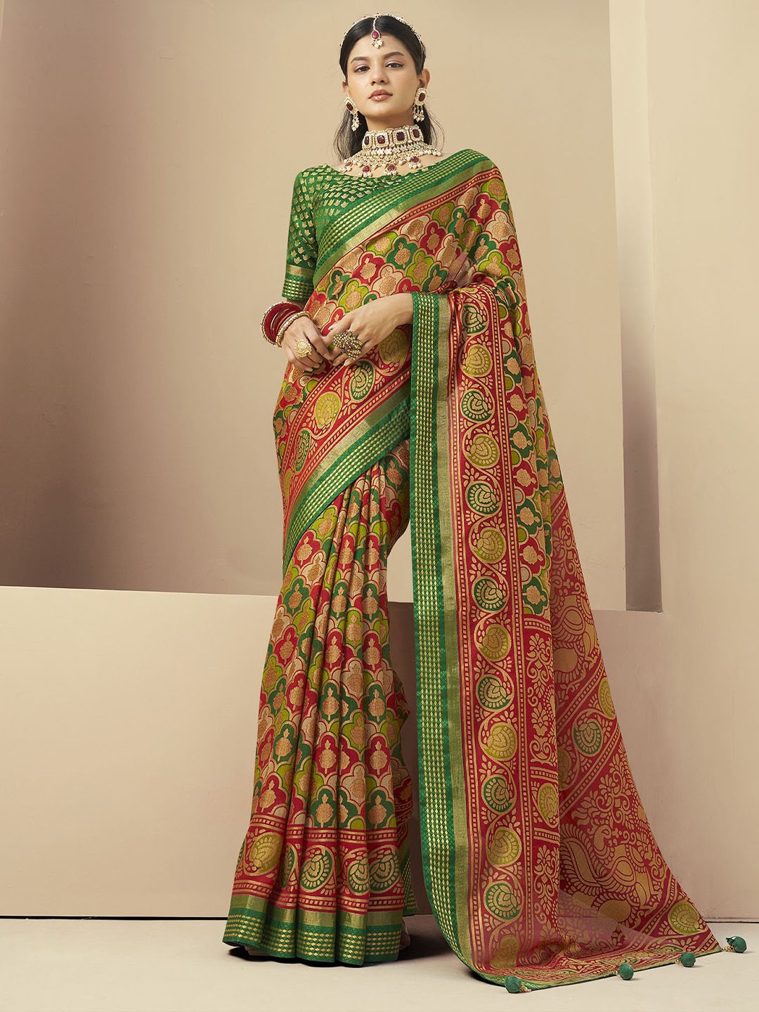 

elora Woven Design Poly Georgette Designer Banarasi Saree, Green