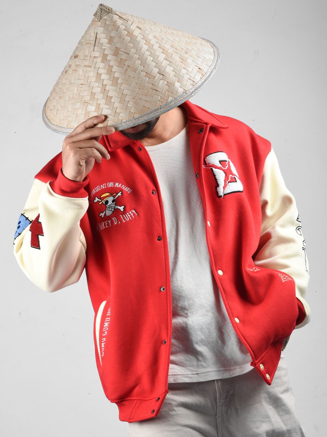 

Xenpachi Men Polycotton Crop Varsity Jacket with Patchwork, Red