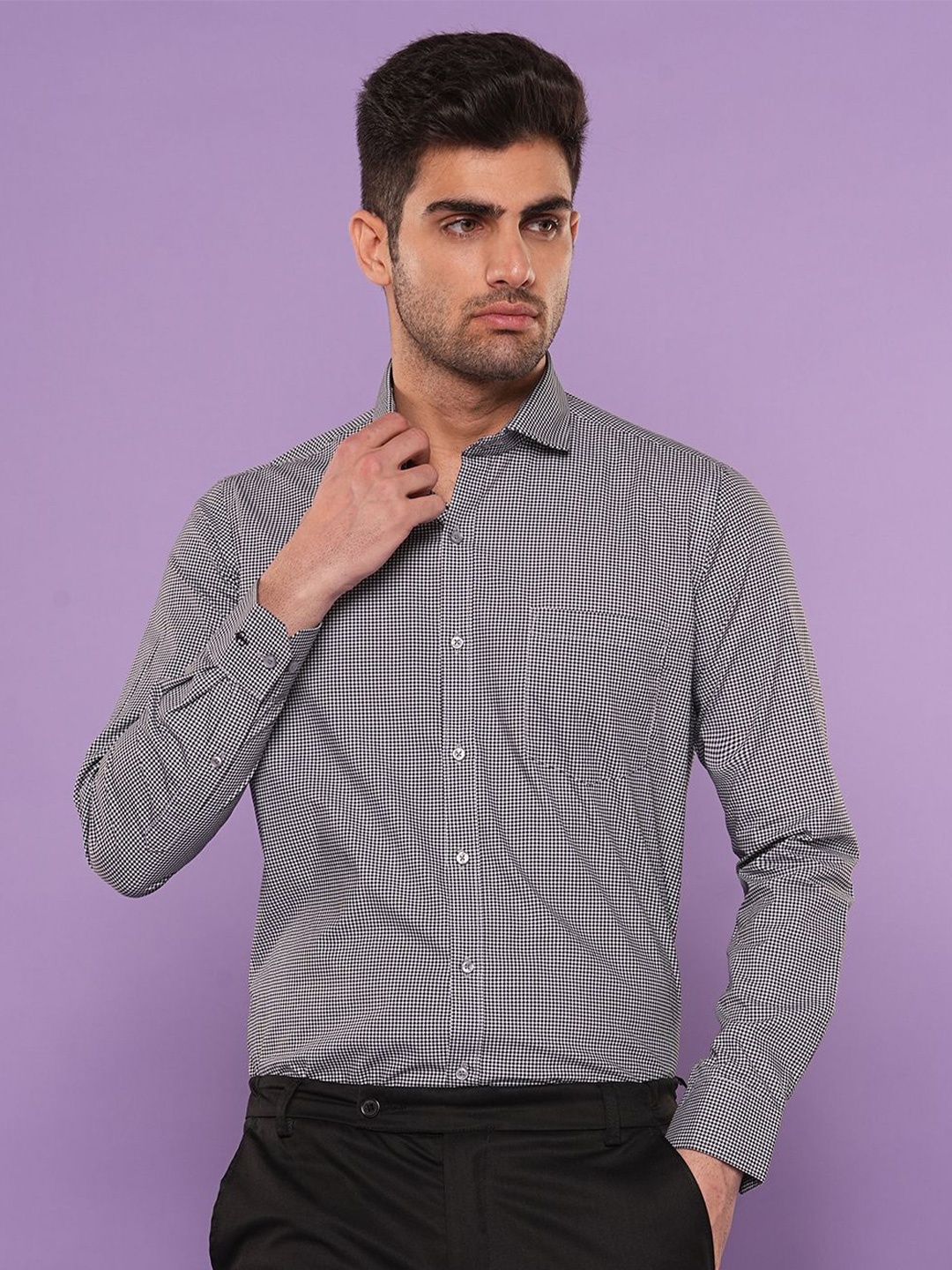 

John Philips Men Slim Fit Micro Checks Opaque Checked Casual Shirt, Grey